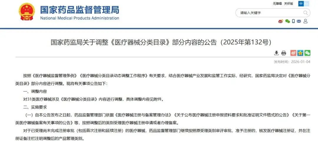 《醫(yī)療器械分類目錄》部分內容調整 涉及31類產品